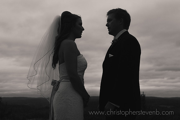 artistic silhouette of bride and groom in front of moody sky