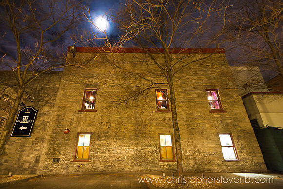 Outside Courtyard restaurant at night with moon
