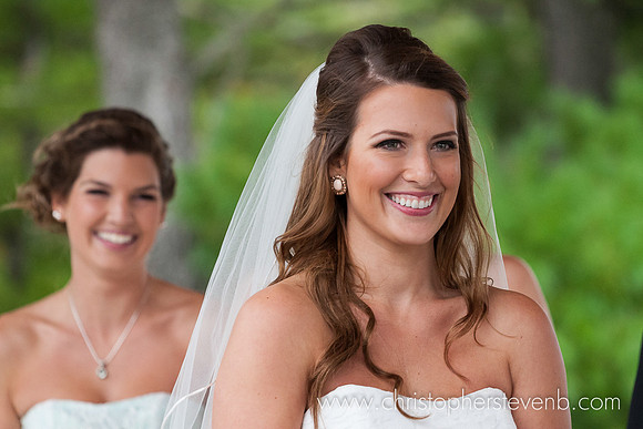 Lovely bride with veil smiling during wedding vows