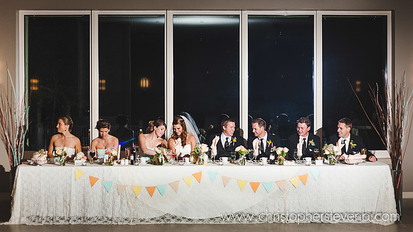 wide photo of head table with full wedding party during dinner