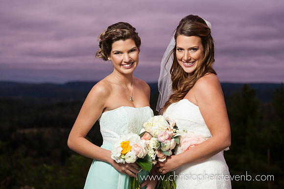 bride and bridesmaid with purple skies vista